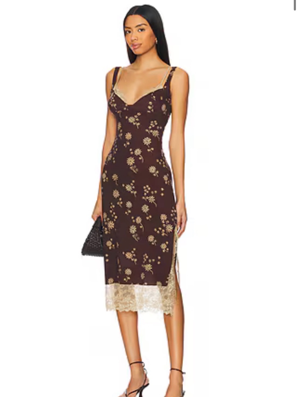 Free People Party Crasher Midi Dress NWT Medium Coffee Brown Lace Slip